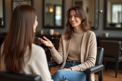 Femme discutant avec son coiffeur dans un salon moderne