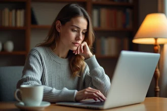 Femme consultant le site Thebradery.com sur un ordinateur portable, évaluant les avis et la fiabilité d'une boutique mode en ligne