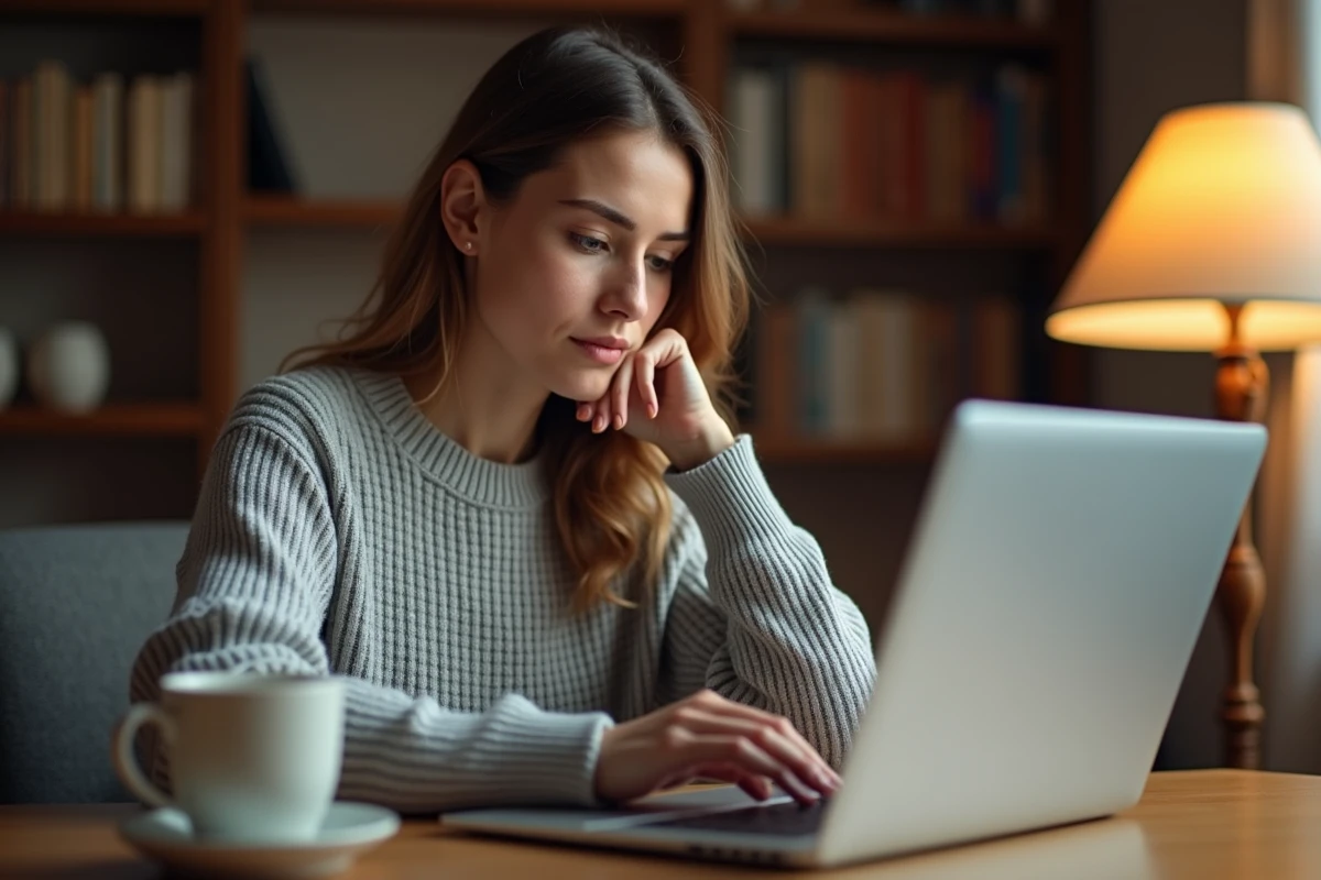 Femme consultant le site Thebradery.com sur un ordinateur portable, évaluant les avis et la fiabilité d'une boutique mode en ligne