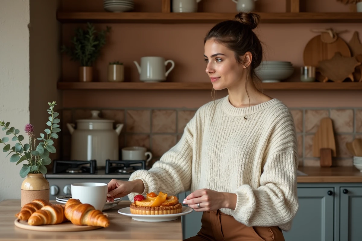 Femme en pull crème arrangeant des viennoiseries artisanales sur un comptoir de cuisine rustique avec céramiques et plantes séchées