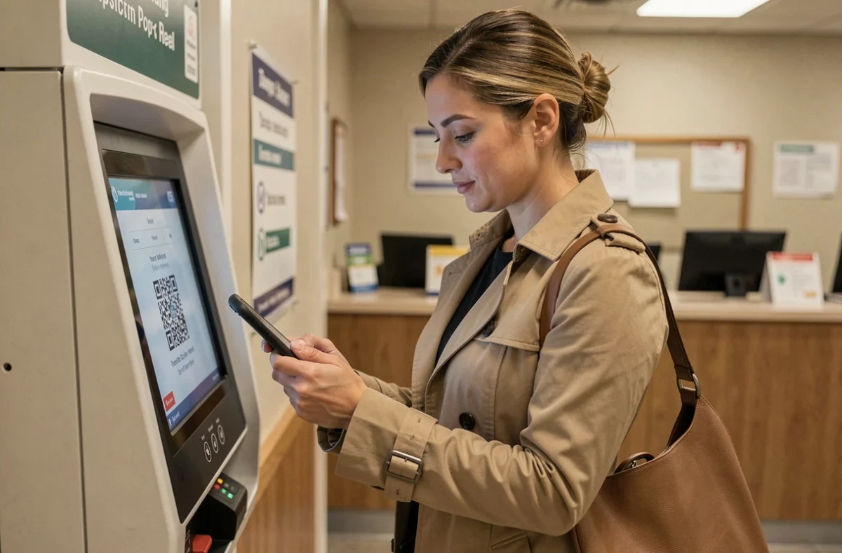 Femme déposant un colis Vinted Go dans un point relais en scannant un QR code sur son téléphone