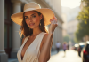 Femme élégante portant un chapeau d'été en extérieur