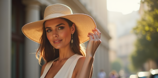 Femme élégante portant un chapeau d'été en extérieur