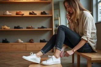 Femme essayant des sneakers blanches dans une boutique de chaussures pour trouver la bonne taille EU ou UK