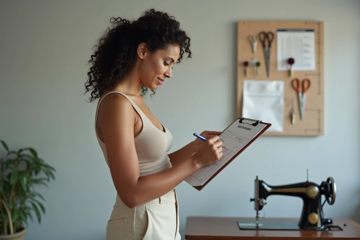 Femme consultant une fiche de mensurations dans un atelier de couture à domicile