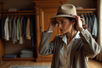 Femme élégante ajustant son chapeau en bois dans sa chambre