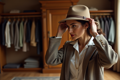 Femme élégante ajustant son chapeau en bois dans sa chambre