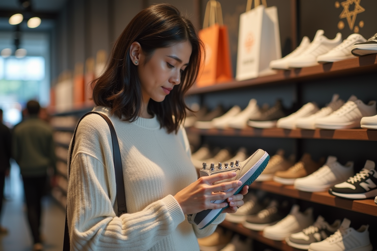 Femme regardant une paire de sneakers dans un magasin