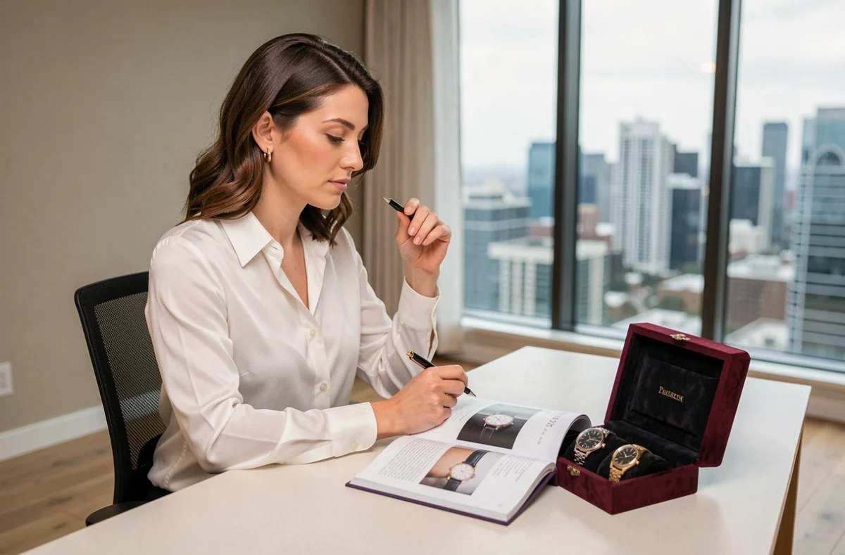 Femme professionnelle évaluant des montres de luxe comme investissement, assise à un bureau moderne avec un catalogue horloger et un écrin de montres