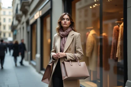Jeune femme élégante avec sacs de luxe dans une rue chic