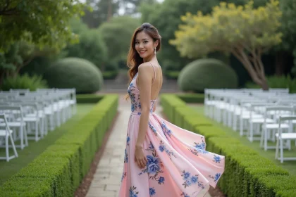 Femme en robe pastel dans un jardin lors d’un mariage