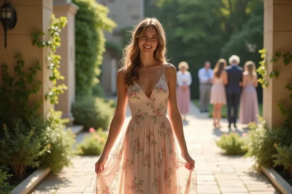 Femme joyeuse en robe pastel lors d’un mariage en plein air