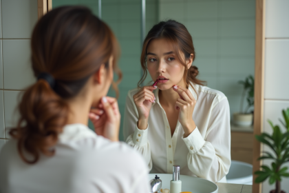 Femme regardant son reflet et son lipstick floue