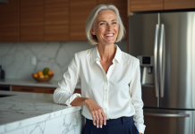 Femme d'âge moyen souriante dans une cuisine moderne
