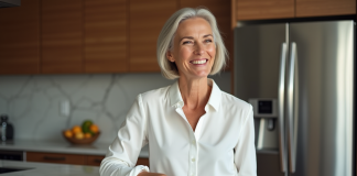 Femme d'âge moyen souriante dans une cuisine moderne