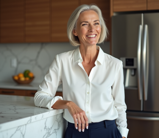 Femme d'âge moyen souriante dans une cuisine moderne