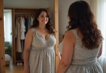 Taille étendue ASOS : comprendre l’offre de vêtements grande taille Femme confiante en robe tendance devant miroir lumineux