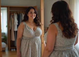 Femme confiante en robe tendance devant miroir lumineux