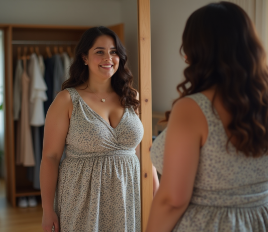 Taille étendue ASOS : comprendre l’offre de vêtements grande taille Femme confiante en robe tendance devant miroir lumineux