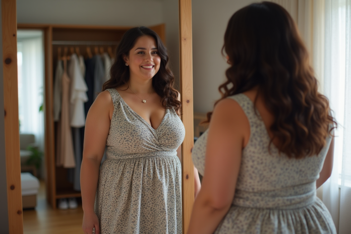 femme-plus-size-robe-miroir Femme confiante en robe tendance devant miroir lumineux