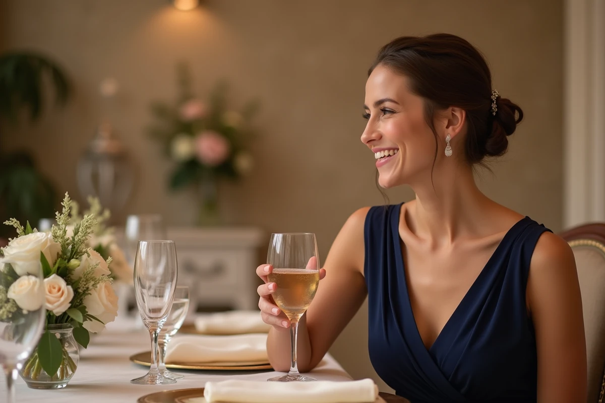 Jeune femme souriante en robe navy lors d’une réception