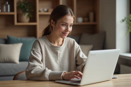 Jeune femme écrivant un avis sur un ordinateur portable