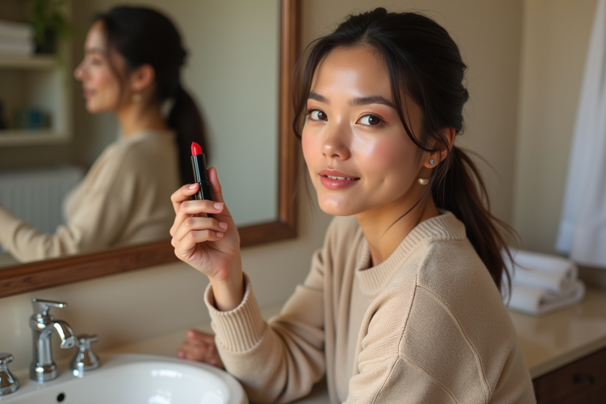 Femme examinant un rouge à lèvres rouge dans sa salle de bain