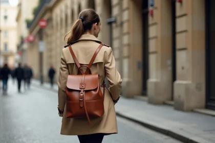 Femme portant un sac à dos convertible en cuir cognac sur les épaules, marchant dans une rue parisienne avec manteau beige