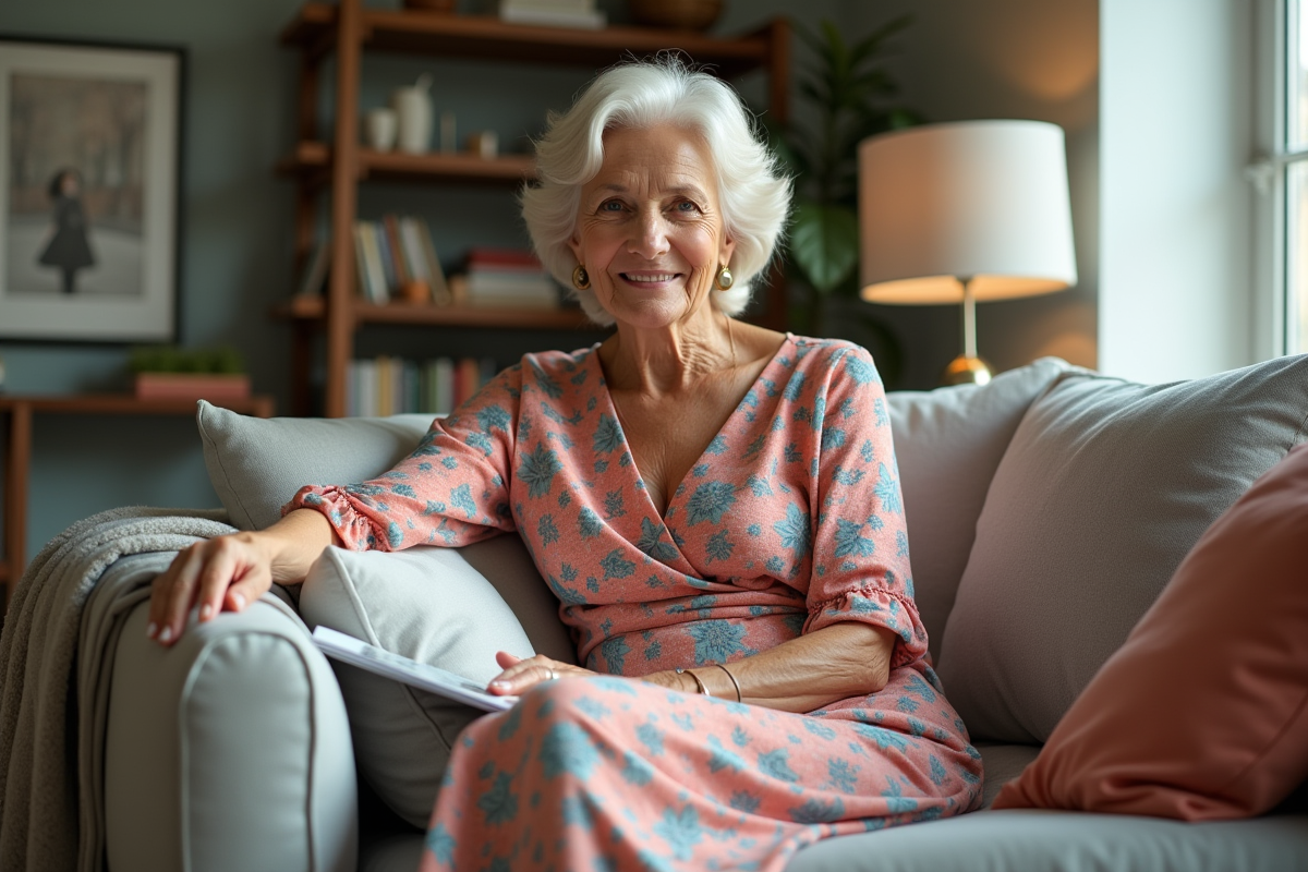 Femme senior assise confortablement dans un salon lumineux en robe tendance