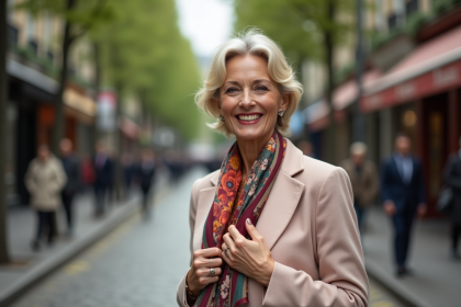 Femme élégante de 60 ans ajustant un foulard en soie dans une rue urbaine