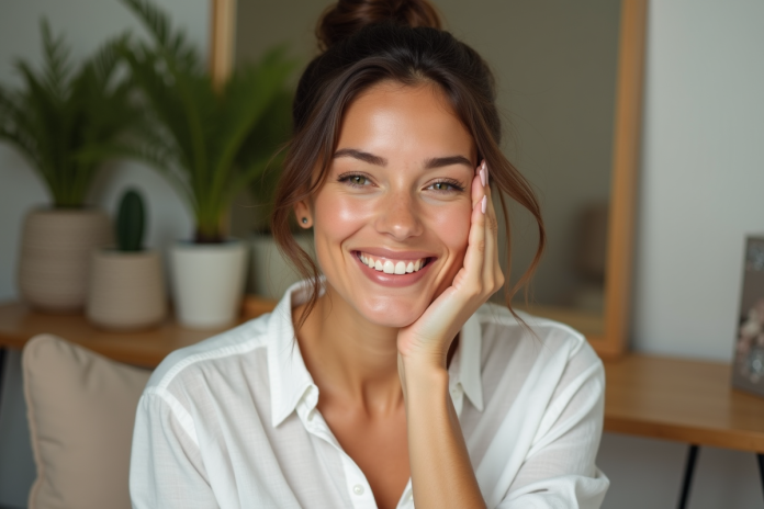 Femme appliquant un serum vitamine e sur le visage