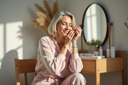 Femme élégante appliquant une creme visage dans sa chambre