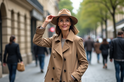 Femme élégante en trench beige à Paris