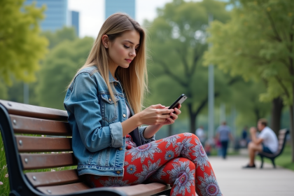 Femme en denim et pantalon coloré dans un parc urbain