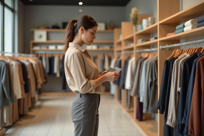 Jeune femme examinant une étiquette de vêtement en magasin