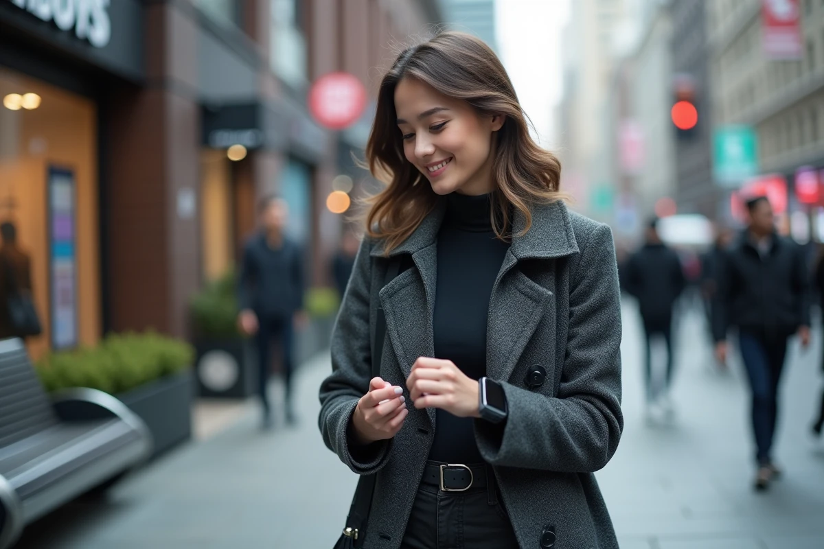 Jeune femme en manteau moderne et veste digitale en ville