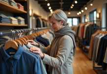 Femme d'âge moyen examine des vêtements dans un magasin moderne