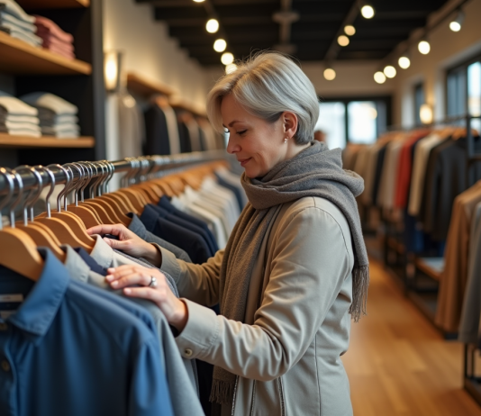 Vêtements : qui sont les plus grands acheteurs ? Femme d'âge moyen examine des vêtements dans un magasin moderne