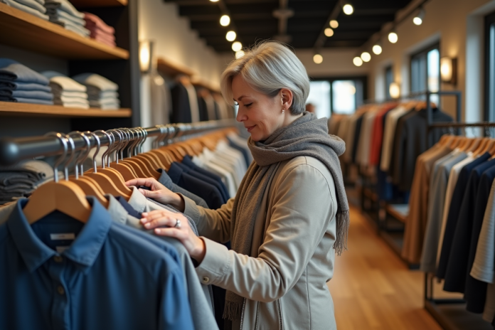 femme-vetements-mode-vitrine Femme d'âge moyen examine des vêtements dans un magasin moderne