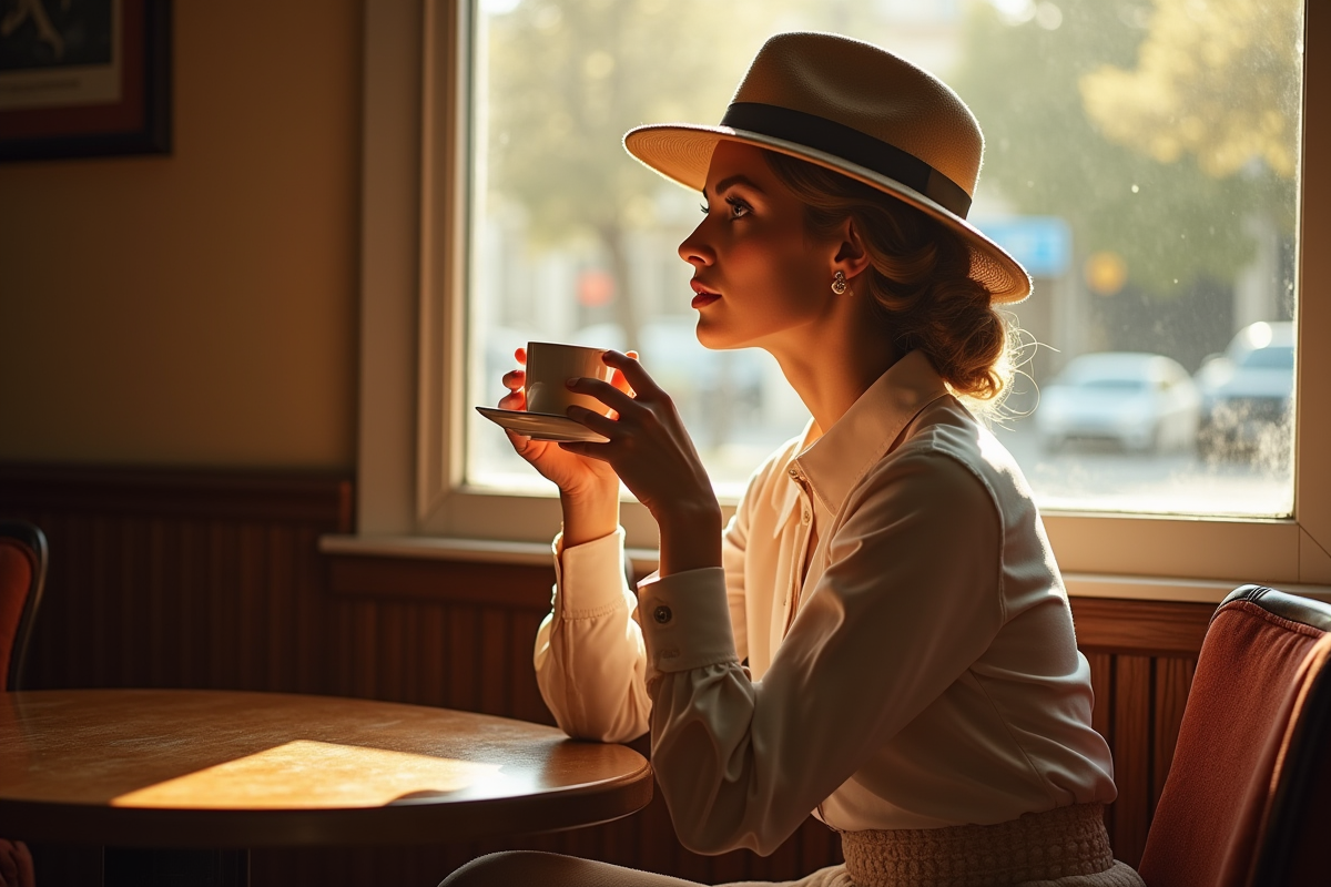 Femme vintage assise dans un café en lumière douce