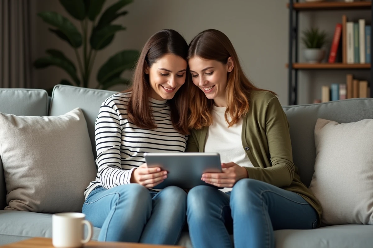 Deux femmes consultant ensemble une plateforme de planification de tenues sur une tablette dans un salon