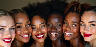Groupe de femmes avec rouge à lèvres varié souriantes
