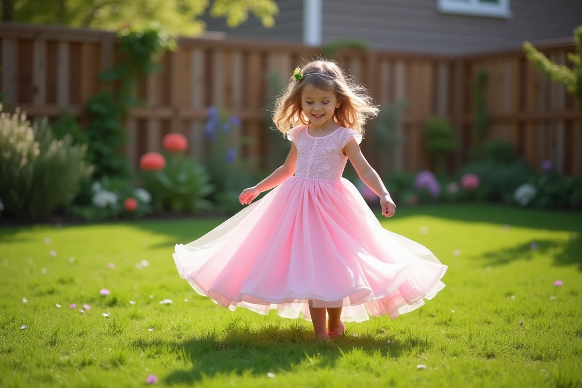 Fille en robe rose tournant dans un jardin ensoleille