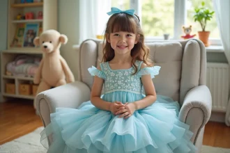 Jeune fille en robe de princesse bleue dans une chambre lumineuse