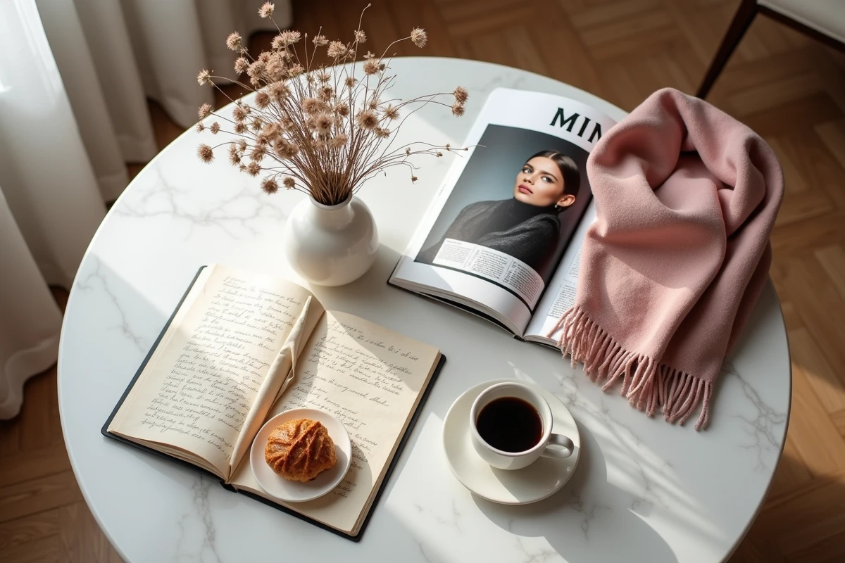 Flat lay lifestyle sur table en marbre avec magazine mode, pâtisserie, carnet et fleurs séchées dans un appartement parisien