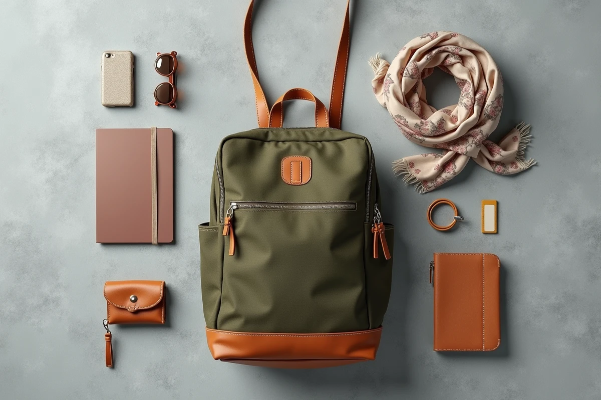 Flat lay d'un sac à dos convertible femme en toile verte avec accessoires, montrant l'organisation intérieure et les bretelles amovibles