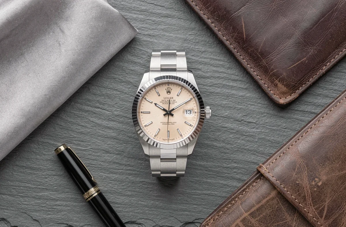 Flatlay élégant d'une montre Rolex Day-Date avec accessoires masculins de luxe sur fond ardoise