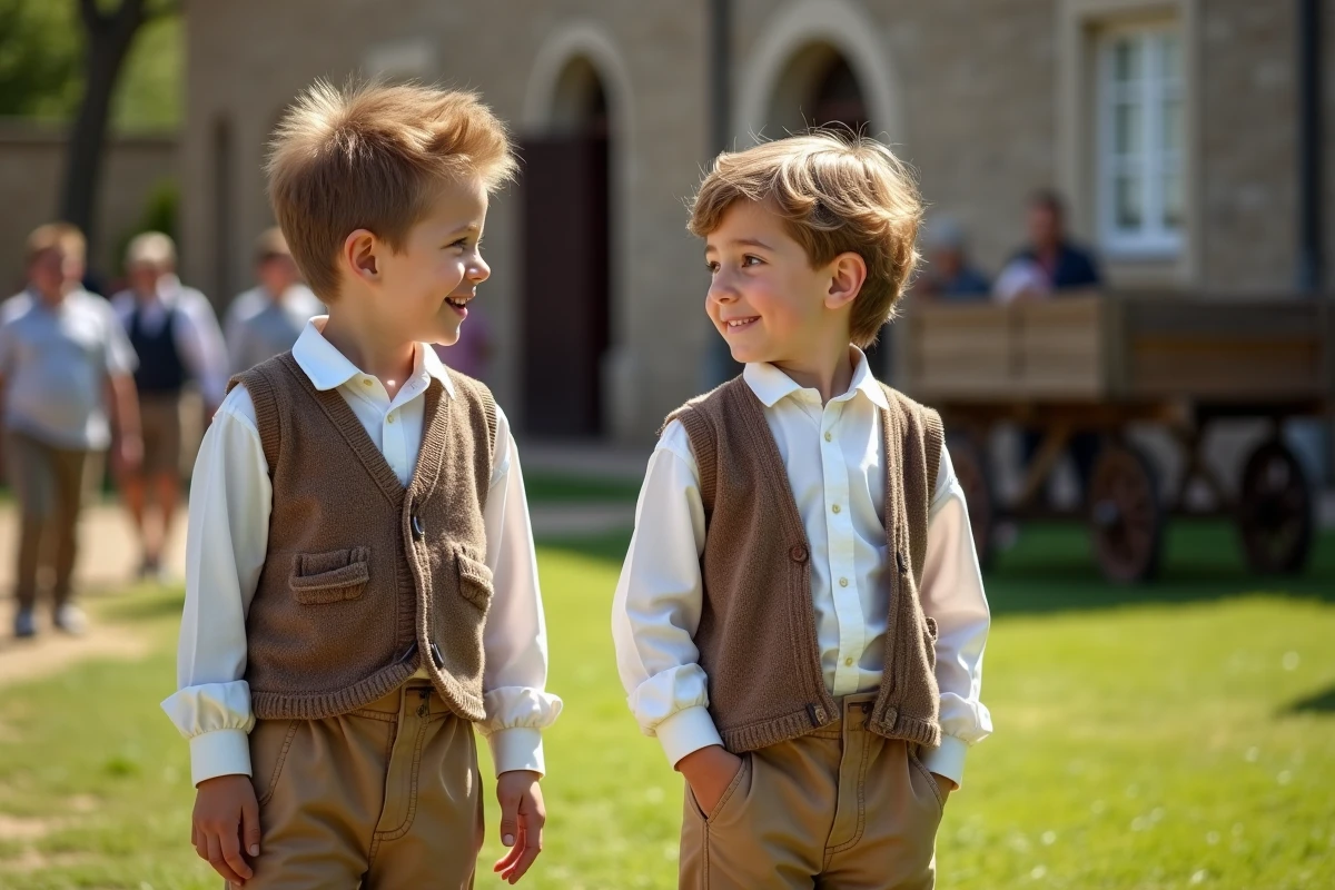Deux garçons bretons en costume dans une place rurale