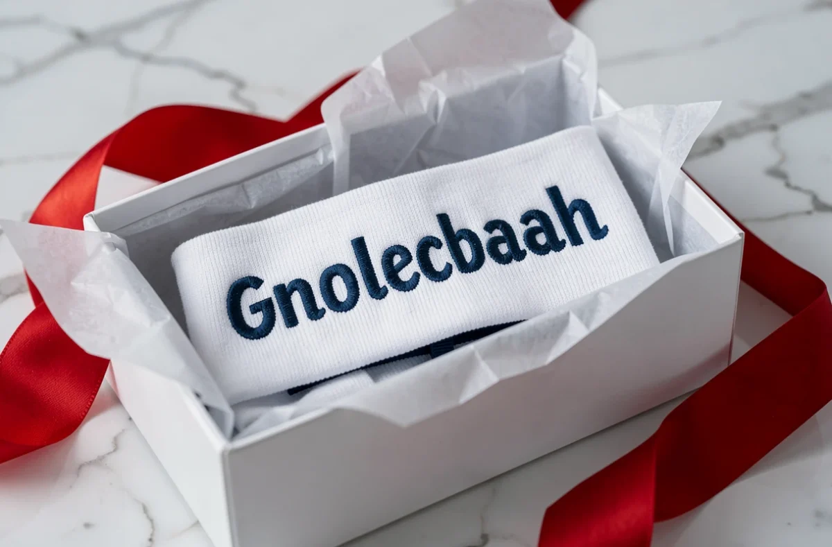 Gros plan sur la ceinture d'un boxer personnalisé présenté dans une boîte cadeau de Noël sur marbre