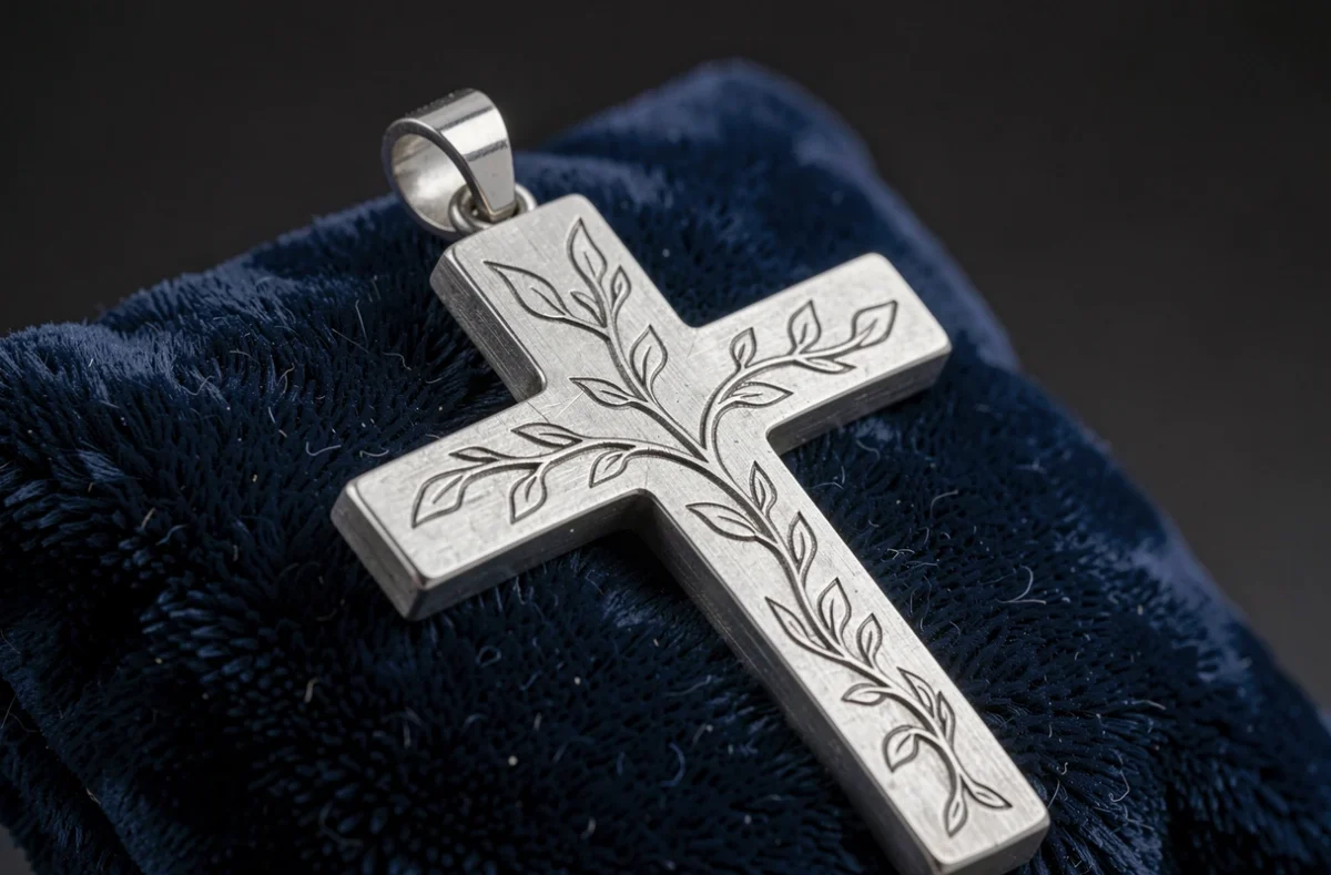 Gros plan sur les finitions gravées d'une croix en argent sterling sur velours marine, détail artisanal bijou chrétien de qualité